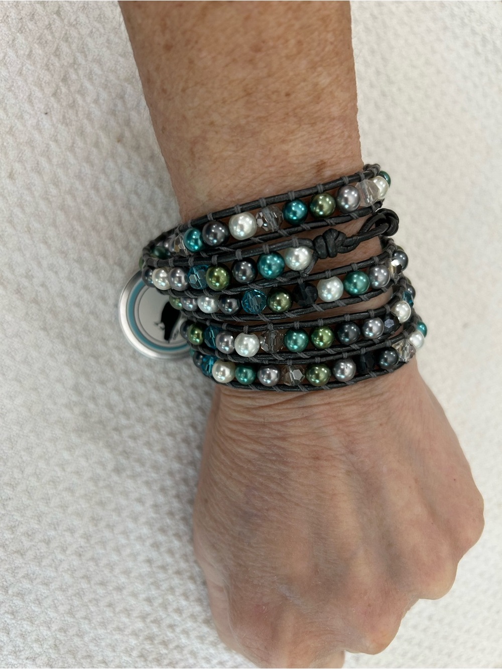 Multi-Row Beaded Wrap Bracelet in Teal, Green, Silver, and Pearl